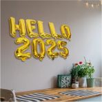 Feyza Design Altın Renkli Gold Hello 2025 Folyo Balon Seti - 0,5 x 9 cm - Acem Lalesi Sarısı
