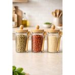 Feyza Design Bambu Kapaklı Çizgili Cam Kavanoz Seti 750ML 3’lü Saklama Çantası - Ahşap