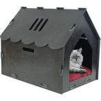 Feyza Design Büyük Ahşap Kedi Yatağı, Siyah, 50X35 Cm, Parlak Boyalı, Çatılı, Çizgili - Seçenek 1