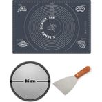 Feyza Design Gri Hamur Açma Matı 45X65 Cm, 36 cm Pizza Tepsisi ve Ahşap Uzun Saplı Kesici - Cappuccino