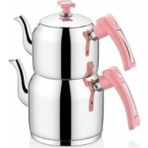 Feyza Design Inter Çelik Çaydanlık Sahra Takımı, Orta Boy, Pembe - Ahşap - Beyaz - Seçenek 1