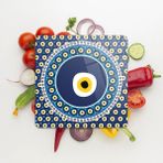 Feyza Design Kare Cam Kesme Tahtası Nazar Boncuğu Desenli, Şık ve Kullanışlı Mutfak Aksesuarı - Açık Bej - Seçenek 1