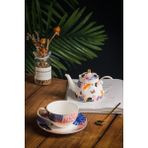Feyza Design Kelebek Desenli Çay ve Kahve Fincanı ile Porselen Demlik Seti - Ahşap - Beyaz - Seçenek 1