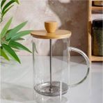 Feyza Design Kişiye Özel Bambu Kapaklı 600 ml Cam French Press Kahve & Çay Demliği - Seçenek 1 - Açık Bej