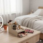 Feyza Design Krem Renkli Mini Çekmeceli Makyaj Organizeri, Şeffaf Bölmeli 2’li Set - Ahşap - Bej
