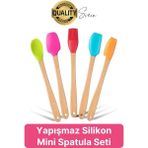 Feyza Design Renkli Silikon Mini Spatula ve Fırça Seti, Ahşap Saplı Mutfak Araçları - Açık Bej - Seçenek 1