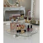 Feyza Design Şeffaf Kristal Cam Organizer, Banyo ve Makyaj Tepsisi, Şık Yuvarlak Model - Ahşap