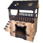 Feyza Design Teraslı Ahşap Kedi Evi, 2 Katlı, Merdivenli, Kahverengi-Siyah - Seçenek 1