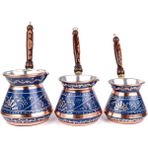 Feyza Design Tombik Bakır Cezve Seti, Mine Işlemeli, 3'lü, Renkli, Şık Tasarım - Seçenek 1 - Ahşap - Ceviz
