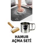 Feyza Design Yumuşak Silikon Hamur Açma Matı, Çelik Un Eleği ve Ahşap Saplı Hamur Açıcı Set - Cappuccino