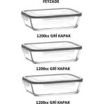 Feyzade Fresco Cam Kilitli Saklama Kabı 3'lü Set Dikdörtgen (1200 CC)-(FRS-257) - Gri