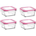 Feyzade Fresco Cam Kilitli Saklama Kabı 4'lü Set FRS227 Pembe 375CC Kare