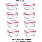 Feyzade Fresco Kahvaltılık Saklama Kabı Seti 8 Adet 400CC Pembe Kapaklı Dikdörtgen (FRS-237)