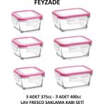Feyzade Fresco Saklama Kabı Seti 3 Adet 400CC (Dikdörtgen) ve 3 Adet 375CC (Kare) - Pembe