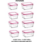 Feyzade Fresco Saklama Kabı Seti 4 Adet 400CC (Dikdörtgen) ve 4 Adet 375CC (Kare) - Pembe