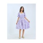 fh fashionhere Gipeli Balon Kol Kare Yaka Lila Mor Düşük Omuz Çiçek Desenli Kloş Bürümcük Kadın Elbise
