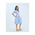 fh fashionhere Gipeli Balon Kol Kare Yaka Mavi Düşük Omuz Çiçek Desenli Kloş Bürümcük Kadın Elbise