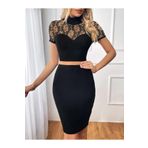 fh fashionhere Kadın Kısa Kollu Yarı Balıkçı Yaka Dantelli Straplez Ithal Krep Crop Bluz Ve Etek Iki
