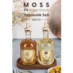 Fhilli Moss 2'li Ahşap Stantlı Damlatmaz Zeytinyağı Sıvıyağ Şişesi Cam Yağdanlık Seti 500 ml