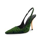 FHVCMTG Yüksek Topuklu Kadın Arkası Açık Sivri Uçlu Stiletto Altın Kadife Sandalet Parti Düğün Gelin Elbise Ayakkabı 10CM, Yeşil, 42