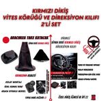 Fiat / Tofaş Kartal Uyumlu Siyah Deri Kırmızı Dikiş Direksiyon Kılıfı ve Vites Körüğü 2'li Set