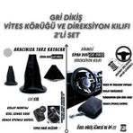 Fiat / Tofaş Murat 131 Uyumlu Siyah Deri Gri Dikiş Direksiyon Kılıfı ve Vites Körüğü 2'li Set