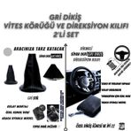 Fiat / Tofaş Tipo Uyumlu Siyah Deri Gri Dikiş Direksiyon Kılıfı ve Vites Körüğü 2'li Set