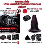 Fiat / Tofaş Tipo Uyumlu Siyah Deri Kırmızı Dikiş Direksiyon Kılıfı ve Vites Körüğü 2'li Set