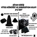 Fiat / Tofaş Tipo Uyumlu Siyah Deri Siyah Dikiş Direksiyon Kılıfı ve Vites Körüğü 2'li Set