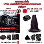 Fiat / Tofaş Uno Uyumlu Siyah Deri Kırmızı Dikiş Direksiyon Kılıfı ve Vites Körüğü 2'li Set