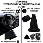 Fiat / Tofaş Uno Uyumlu Siyah Deri Siyah Dikiş Direksiyon Kılıfı ve Vites Körüğü 2'li Set