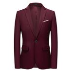 Fiauli Erkekler düğün ceket takım elbise resmi iş tarzı tek düğme düz renk yaka çentik yaka uzun kollu anti-kırışıklık cepler bahar sonbahar ceket ince, Wine Red, L