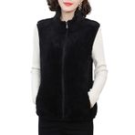 Fiauli Fermuar Placket floş yelek kadın sonbahar kış düz renk peluş standı yaka kolsuz cepler kalınlaşmış çift taraflı polar yelek, siyah, XL