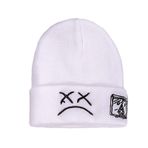 Fiauli Gerilebilir örme şapka kış kadın nakış örgü şapka üzgün ifade desen bere şapka Hip Hop tarzı elastik örme, beyaz, One Size