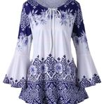 Fiauli Gevşek Etek Kadın Tişört Kadın Vintage Çiçek Baskı Boynuz Kol A-line Dantel Up Yuvarlak Yaka Slim Fit Sıkı Bel Kontrast Renk Bahar Sonbahar Bluz, mavi, 4XL