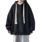 Fiauli Hoodie Placket Uzun Kol Düz Renk Fermuarlı Siyah Erkek Ceket