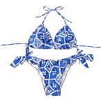 Fiauli Kadın 2 Parça Üçgen Bikini, Derin V Yaka Fırfırlı Kesim Seksi Bikini Seti, Sırt Bandaj Biber Baskılı Halter Sütyen Düşük Bel Külot Yüzme Havuzu için Mayo, Mavi M, S-L