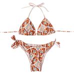 Fiauli Kadın 2 Parça Üçgen Bikini, Derin V Yaka Fırfırlı Kesim Seksi Bikini Seti, Sırt Bandaj Biber Baskılı Halter Sütyen Düşük Bel Külot Yüzme Havuzu için Mayo, Turuncu S, S-L