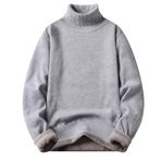 Fiauli Katı renk Slim Fit triko sonbahar kış erkek balıkçı yaka kazak düz renk Slim Fit polar astar triko Jumper uzun kollu erkekler kazak, gri, L