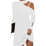 Fiauli Metal zincir elbise kadın sonbahar dekor ile yular boyun bir omuz uzun kollu düğmeler düz renk gevşek Fit yukarıda diz boyu Clubwear Mini A-line, beyaz, XL
