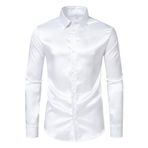 Fiauli Rahat erkek gömlek erkekler ipek saten gömlek uzun kollu rahat Slim Fit elbise gömlek düz renk yaka düğmesi aşağı iş resmi gömlek erkek gömlek, beyaz, XL