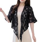Fiauli See-through dantel hırka kadın ceket yarım kollu nakış boynuz şal ince Patchwork kısa tip kadar düz renk bayan gömlek, siyah, M