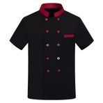 Fiauli Unisex Şef Üniforması Mutfak Otel Fırın Yemek Servisi Aşçı File Arka Stand Yaka Kısa Kollu Gömlek Nefes Alabilir Kruvaze Ceket Siyah 4XL
