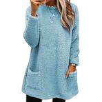 Fiauli Uzun kollu kadın kazak polar Shearling ceket cep orta uzunlukta kalınlaşmış düz renk sıcak kış dış giyim Hoodie yumuşak pazen, mavi, XXL