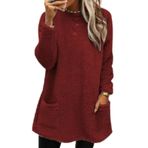 Fiauli Uzun kollu kadın kazak polar Shearling ceket cep orta uzunlukta kalınlaşmış düz renk sıcak kış dış giyim Hoodie yumuşak pazen, Wine Red, XXL