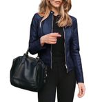 Fiauli Zip Up Lady Coat Kadın Sonbahar Bahar Ceket Pürüzsüz Suni Deri Rüzgar Geçirmez Standı Yaka Slim Fit Commute, lacivert mavi, M