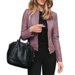 Fiauli Zip Up Lady Coat Kadın Sonbahar Bahar Ceket Pürüzsüz Suni Deri Rüzgar Geçirmez Standı Yaka Slim Fit Commute, mor (Light Purple), M