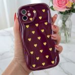 Fibaks Apple iPhone 11 Kılıf Kamera Korumalı Dalga Kenarlı Minik Sarı Kalp Desenli Bordo Silikon Kapak