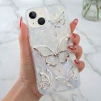 Fibaks Apple iPhone 13 - 14 - 15 Uyumlu Kılıf Tüylü Hologram Kelebek Desenli Darbe Emici Kamera Korumalı Silikon - Gri - Beyaz - iPhone 13/14/15