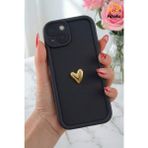 Fibaks Apple iPhone 13 Kılıf 3D Kalp Tasarımlı Siyah Desenli Yumuşak Kamera Korumalı Silikon Kapak